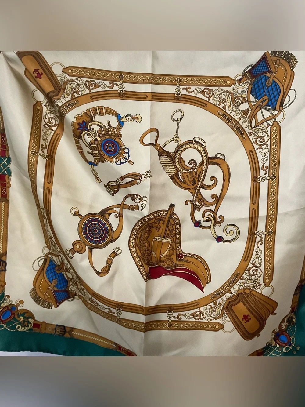 100% silk rolled hem equestrian themed square neck scarf, old money and country